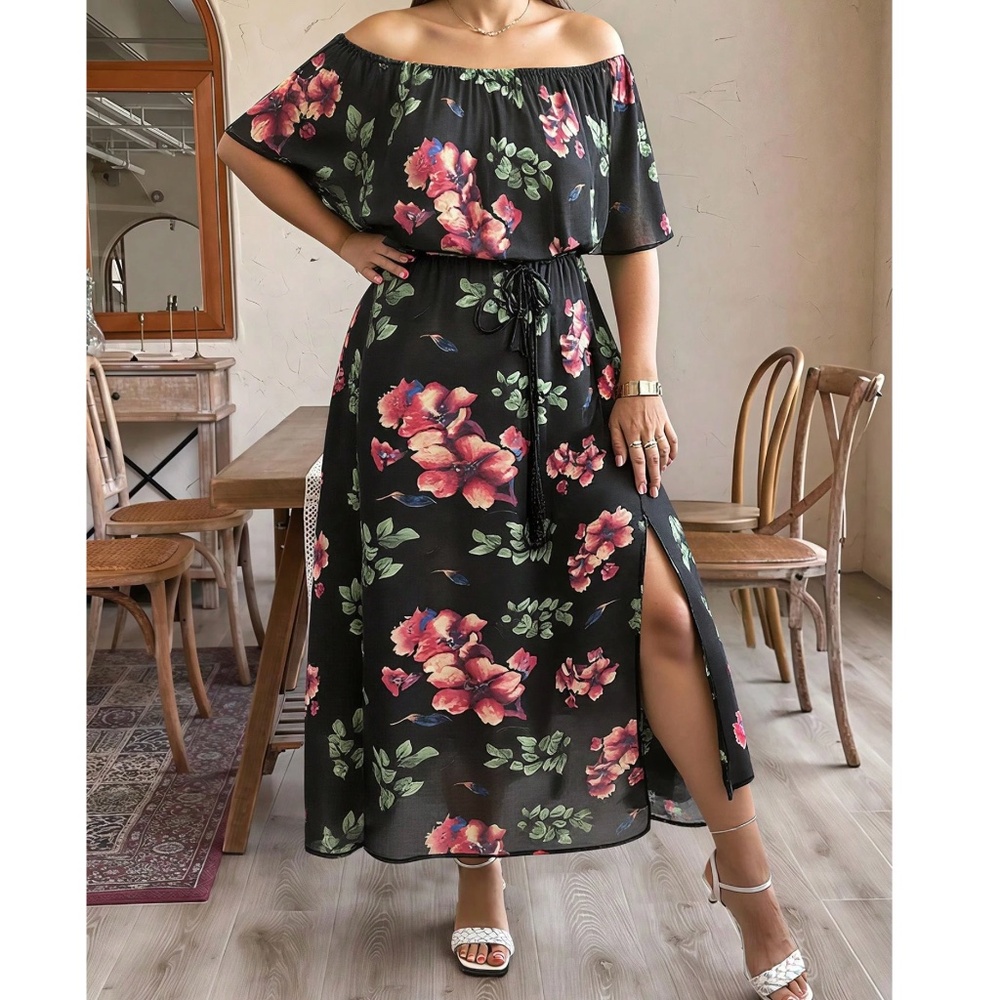 Plus Floral Print Off Shoulder Stretchy Waist Maxi Dress - Picture 1 of 5